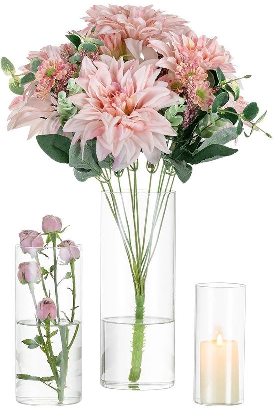 Set di vasche decorate in vetro cilindrico per tavolo: 3 pezzi/set di vasche per fiori, set di vasche moderne in vetro, cilindro in vetro per fiori, vasca per tulipani, vasca per tavolo per matrimonio, soggiorno, tulipani, rose, altezza 15/20/25cm