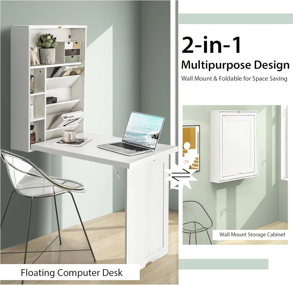 Scrivania da Parete in Legno con 7 Scomparti, Pieghevole, Scrivania per Computer, Studio, Cucina, Soggiorno, 2 Colori