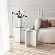 Genga, Tavolino da Salotto set 2 Pezzi Vetro Temperato, 70x70x38h cm Bianco