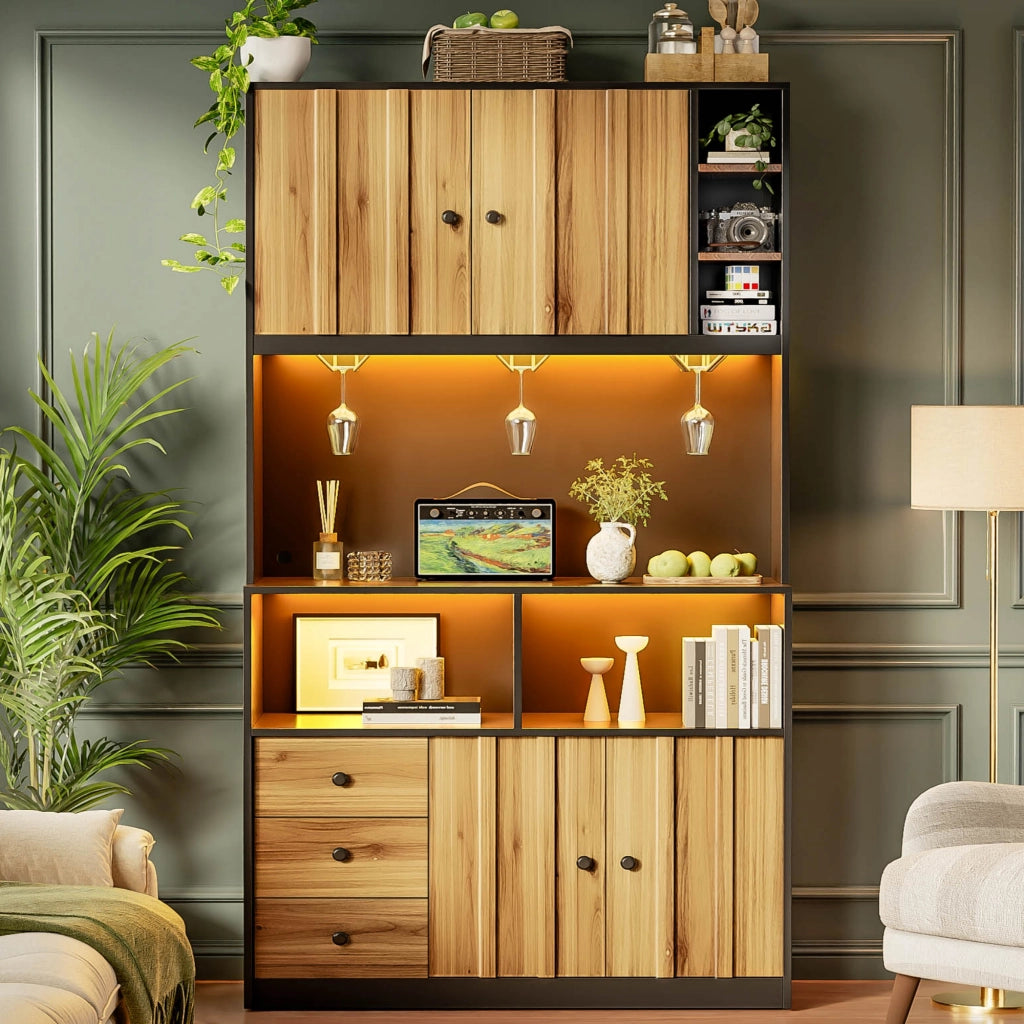 Hochschrank da cucina con vetrina, illuminazione LED RGB, prese integrate e portabicchieri, 100 x 40 x 180 cm