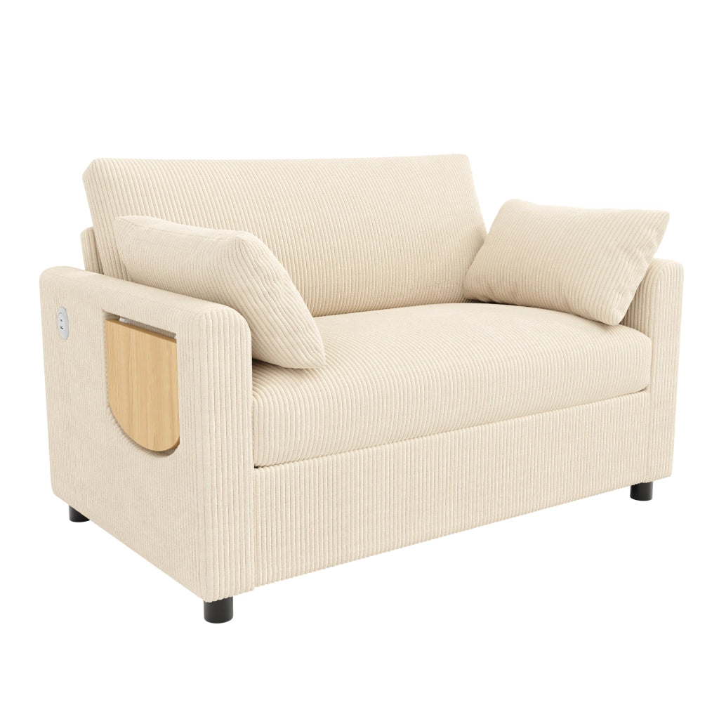 Divano letto convertibile a 2 posti in tessuto a coste con tavolino pieghevole, porte USB e tasca laterale beige