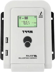Regolatore MPPT solare a doppia tensione 12V/24V con uscita USB 5V, protezione multi-circuito.