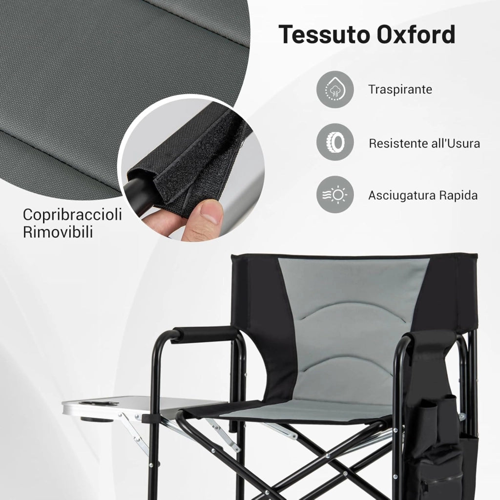 Sedia da Direttore Alta 116,5 cm, Sedia Campeggio Pieghevole per Truccatori con Tavolo Laterale Pieghevole & Poggiapiedi, Borsa in Rete e Tasca di Stoccaggio, Portata 150 kg