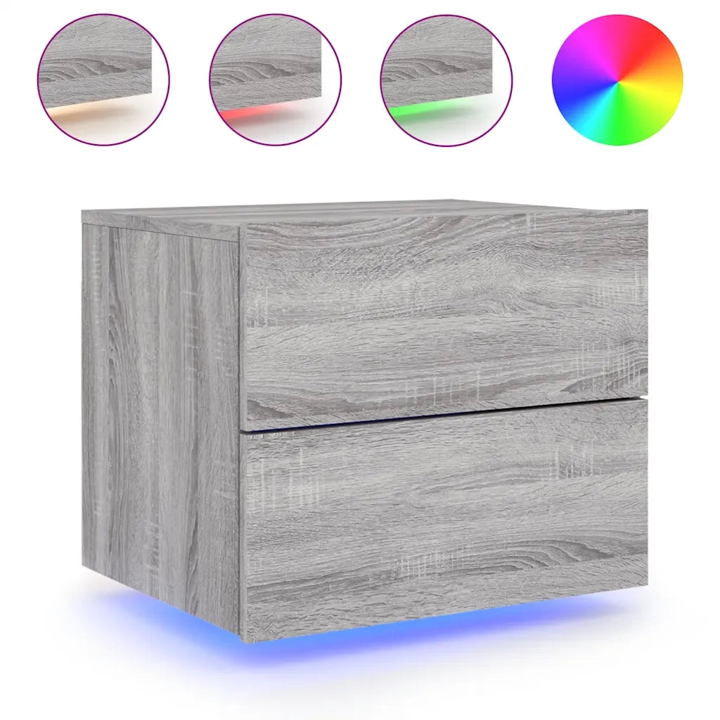 Set di 2 Comodini | Armadio da Notte | Mobiletto da notte a Parete con luci LED Grigio Sonoma