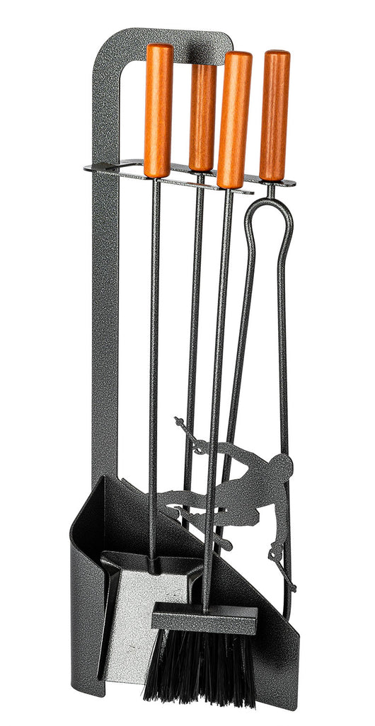 Trespolo per Attrezzi Camino Sagoma Sciatore con Paletta Scopino Attizzino e Pinza 15,6x23,5x65 cm in Ferro e Legno