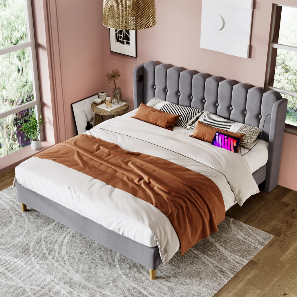 OKWISH Letto Imbottito, Letto Matrimoniale con USB, Tipo C e Testiera Imbottita, 140 × 200 cm, con Materasso, Grigio
