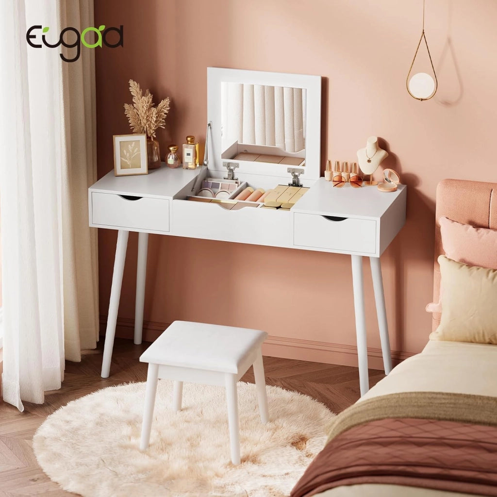 EUGAD Toeletta da Trucco con Specchio Pieghevole, Tavolo da Toeletta con Sgabello ben Imbottito, Scrivania con 2 Cassetti, Moderno, Legno, Bianco, 100x40x75 cm