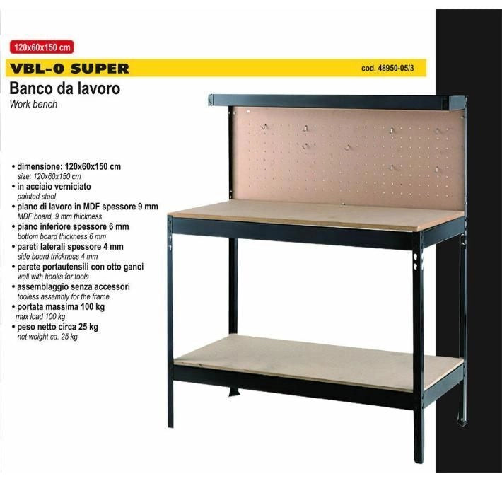 Vigor Banco Da Lavoro in Acciaio Con Pannello Portautensili 120X60X150 cm