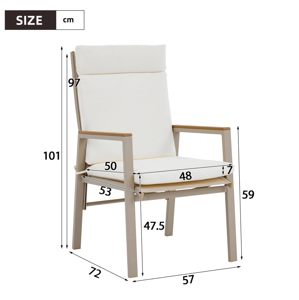 Sedia da esterno con braccioli in plastica effetto legno e seduta in Textilene; beige