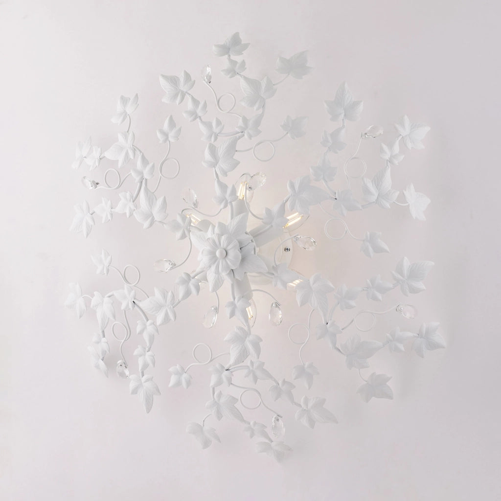 Plafoniera Shabby Edera 6 Luci Ferro Battuto Bianco Con Foglie E Cristalli