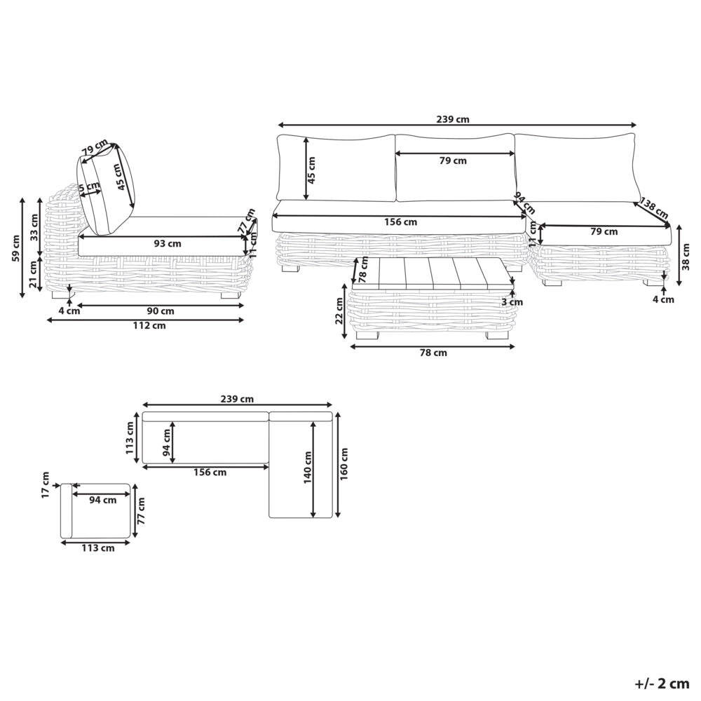 Set salotto da giardino grigio in rattan naturale divano da esterno con tavolino destro