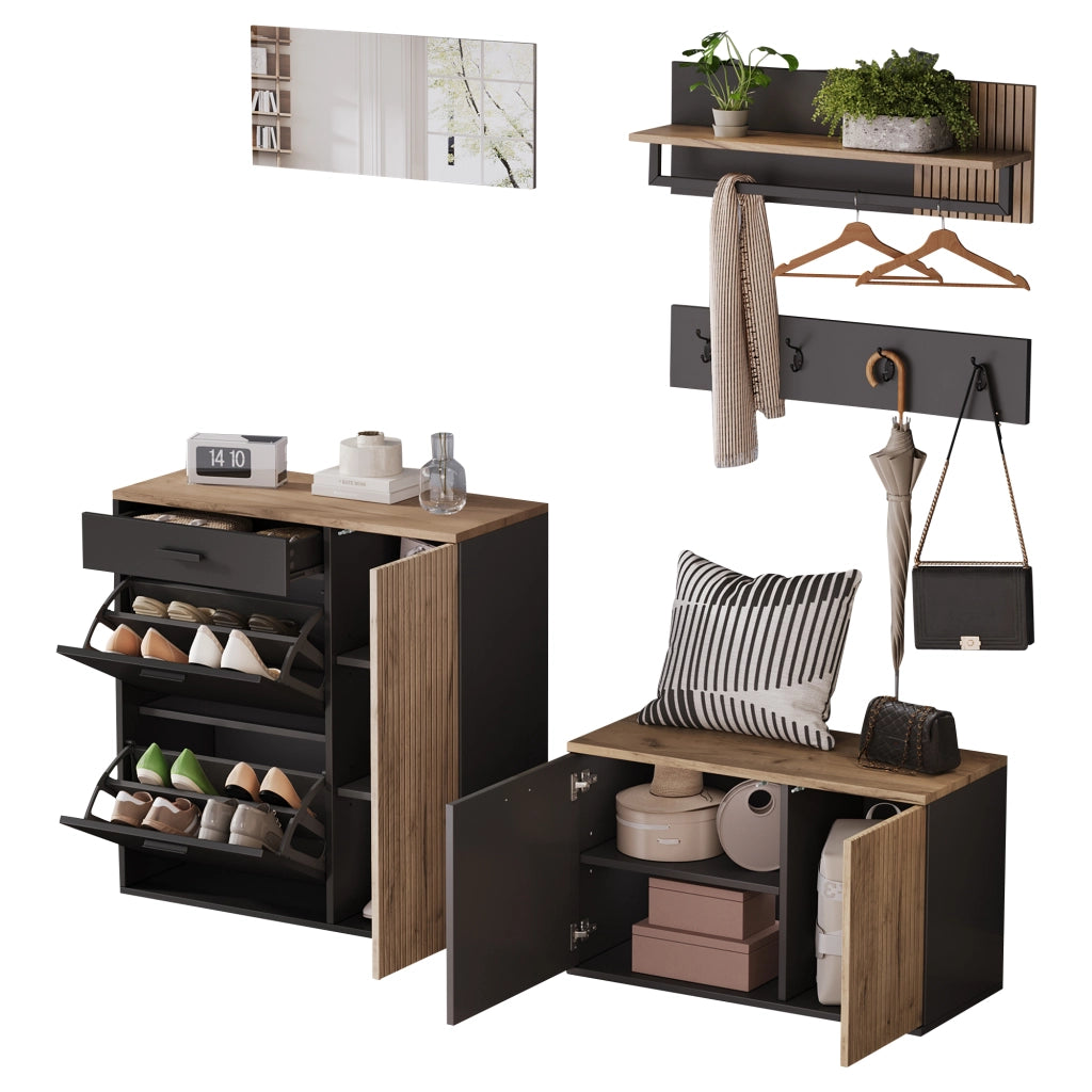 Mobile ingresso con 2 armadi; 3 elementi a muro; specchio; 4 ganci; panca portascarpe; legno nero