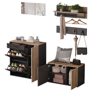 Mobile ingresso con 2 armadi; 3 elementi a muro; specchio; 4 ganci; panca portascarpe; legno nero