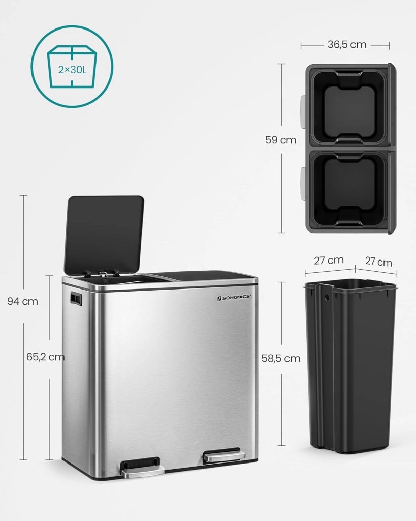 SONGMICS Pattumiera a 2 Scomparti, con 2 x 30L Secchi Interni per Spazzatura Differenziata, 15 Sacchi della Spazzatura, Pedali e Coperchi a Cerniera, Chiusura Morbida, Argento e Nero LTB60NL