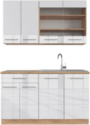 Cucina completa Fame-Line, Bianco lucido/oro power oak, 140 cm senza piano di lavoro, per la libera combinazione con moduli cucina aggiuntivi