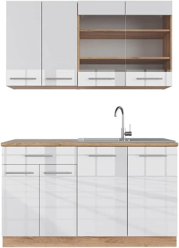 Cucina completa Fame-Line, Bianco lucido/oro power oak, 140 cm senza piano di lavoro, per la libera combinazione con moduli cucina aggiuntivi