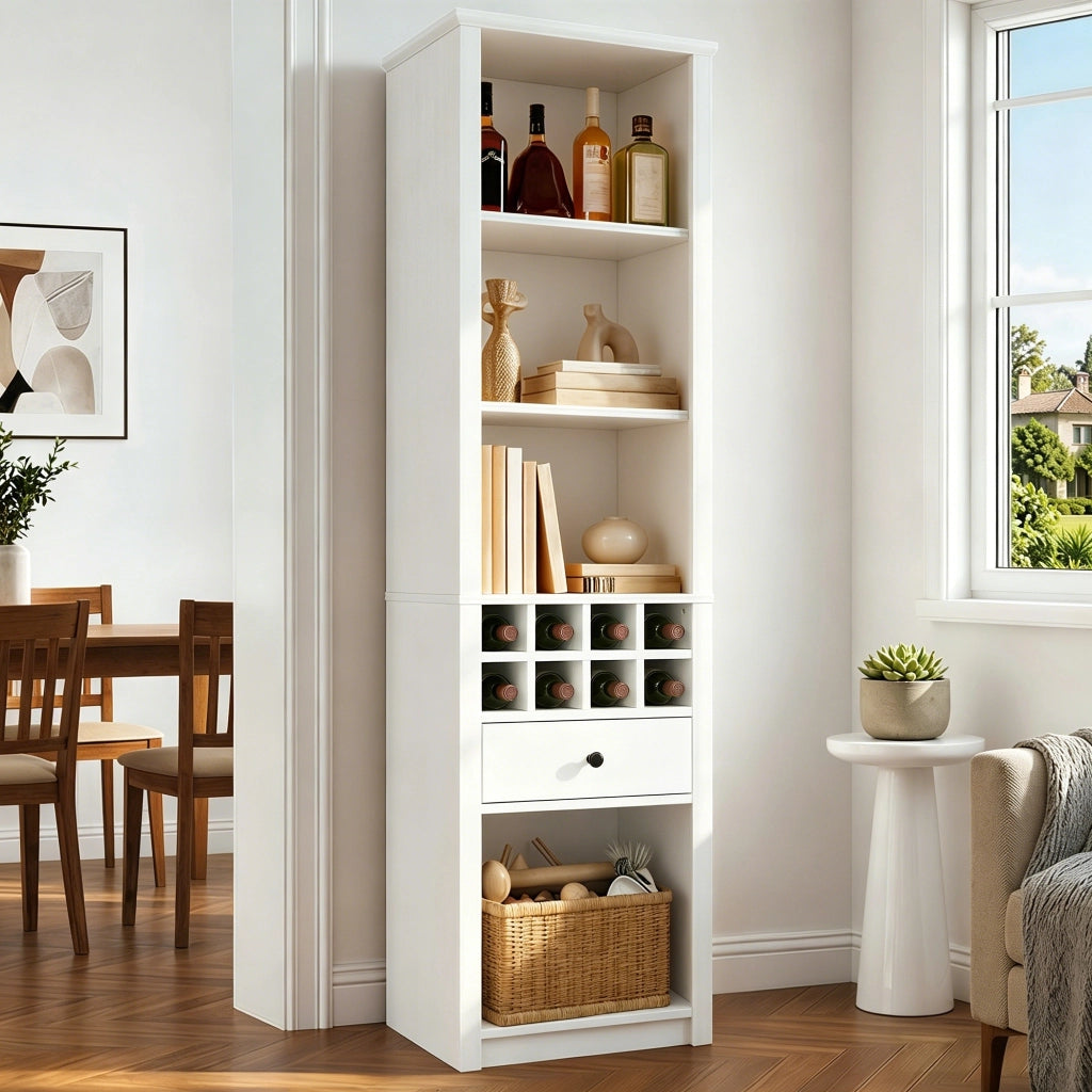 Credenza alta con 1 cassetto; 12 vani e LED - per soggiorno - in MDF - 55×40×200 cm