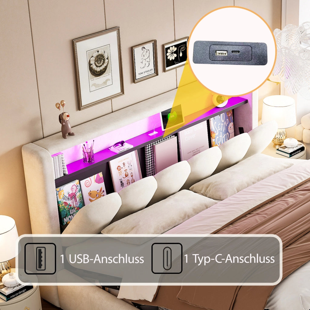 Letto matrimoniale imbottito 180x200 cm beige con LED e USB