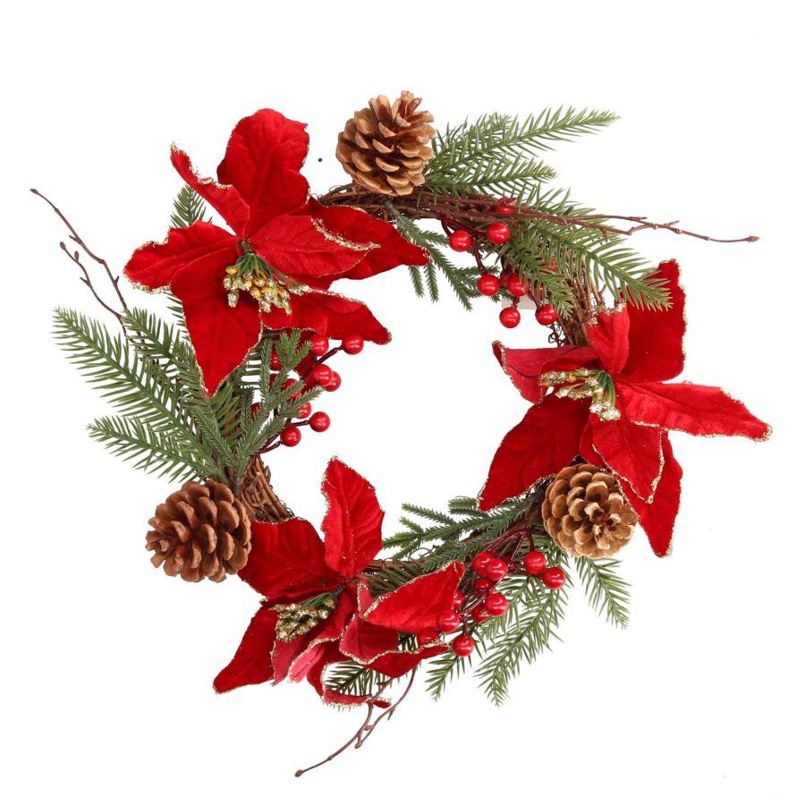 Coroncina fiori pigne rosso oro tondo cm Ø50x10