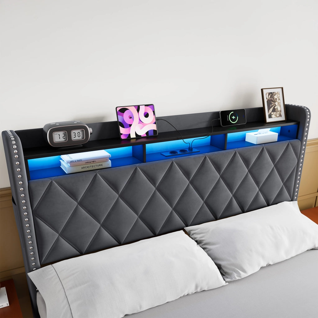 Letto matrimoniale imbottito contenitore grigio scuro 160x200 cm con LED e dock USB