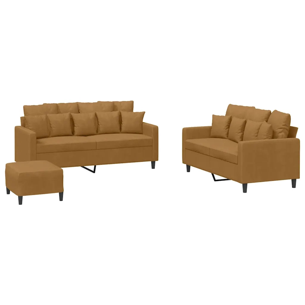 Set di Divani 3 pz con Cuscini Marrone in Velluto
