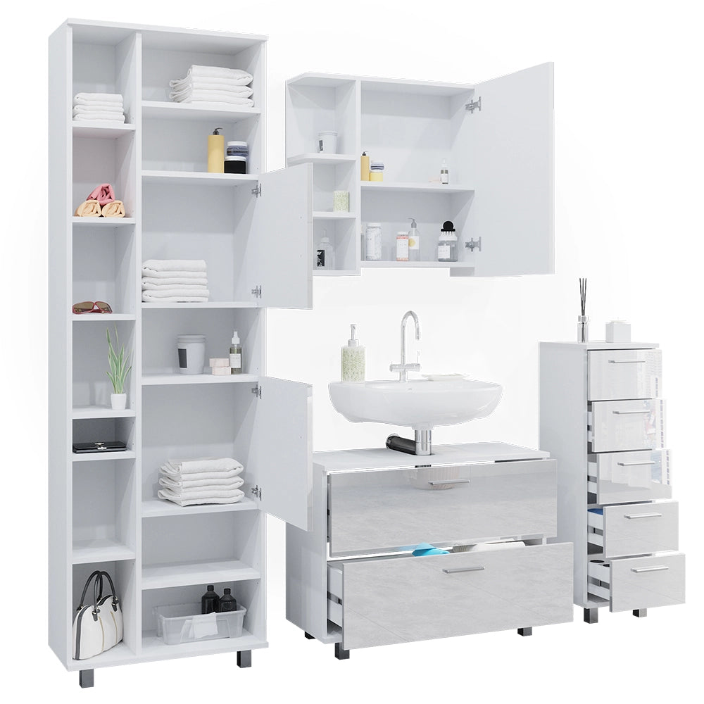 Vicco Set di mobili da bagno Bianco lucido 4 pezzi, con colonna