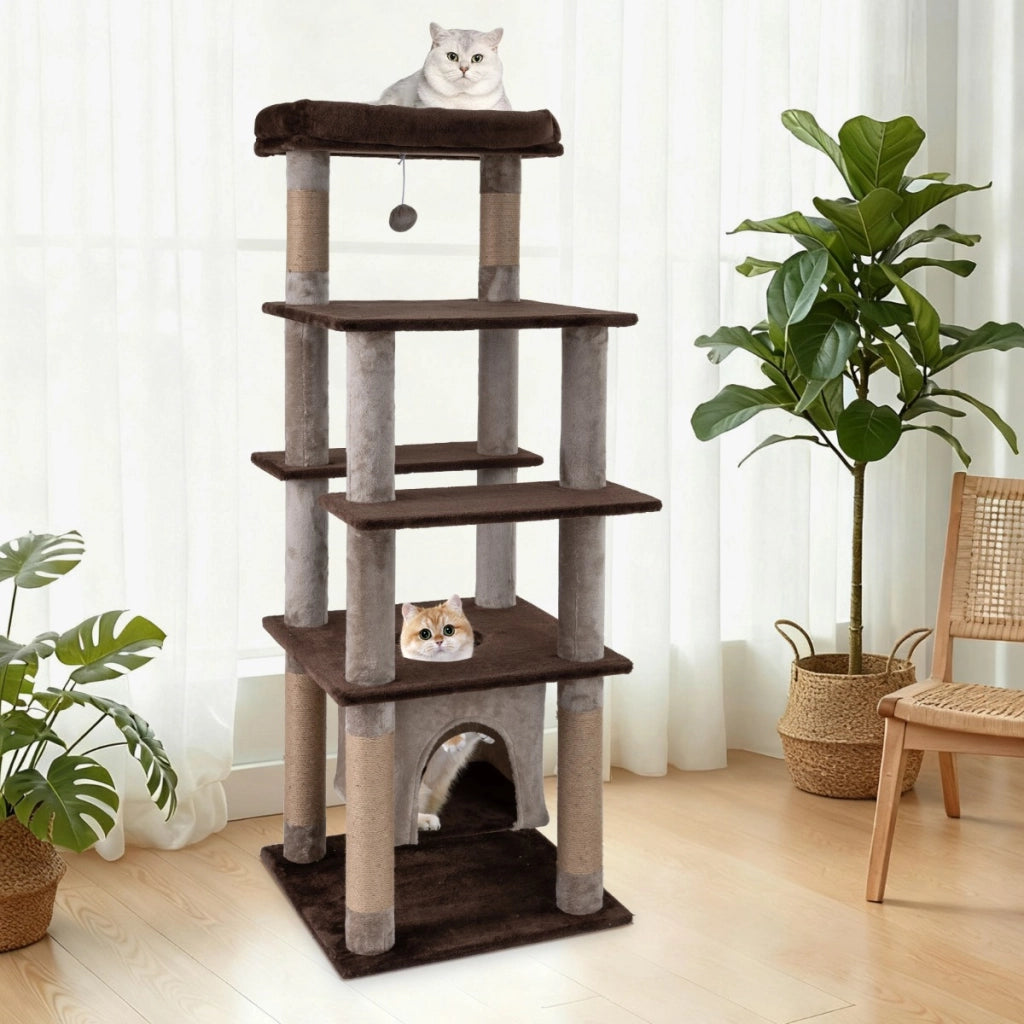Albero per gatti 148 cm torre per gatti alta con condo aereo oscillante, Albero per gatti tiragraffi foro pompon e piattaforme -Alberi Tiragraffi