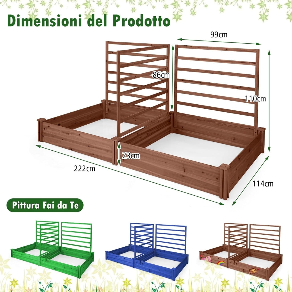Letto Rialzato da Giardino con 2 Cassoni per Piantare e 3 Tralicci, Aiuola Rialzata da Giardino in Legno per Fiori, Erbe, Verdure, Frutta e Viti Rampicanti, 222 cm x 114 cm x 110 cm (Marrone)