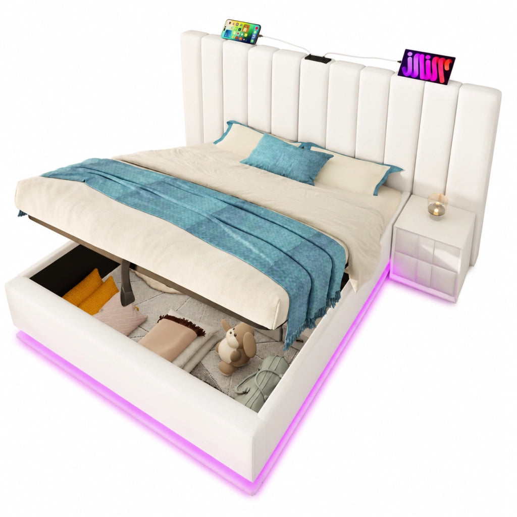 Letti contenitori 160x200 cm con LED e ricarica USB-C; PU bianco (Senza materasso)