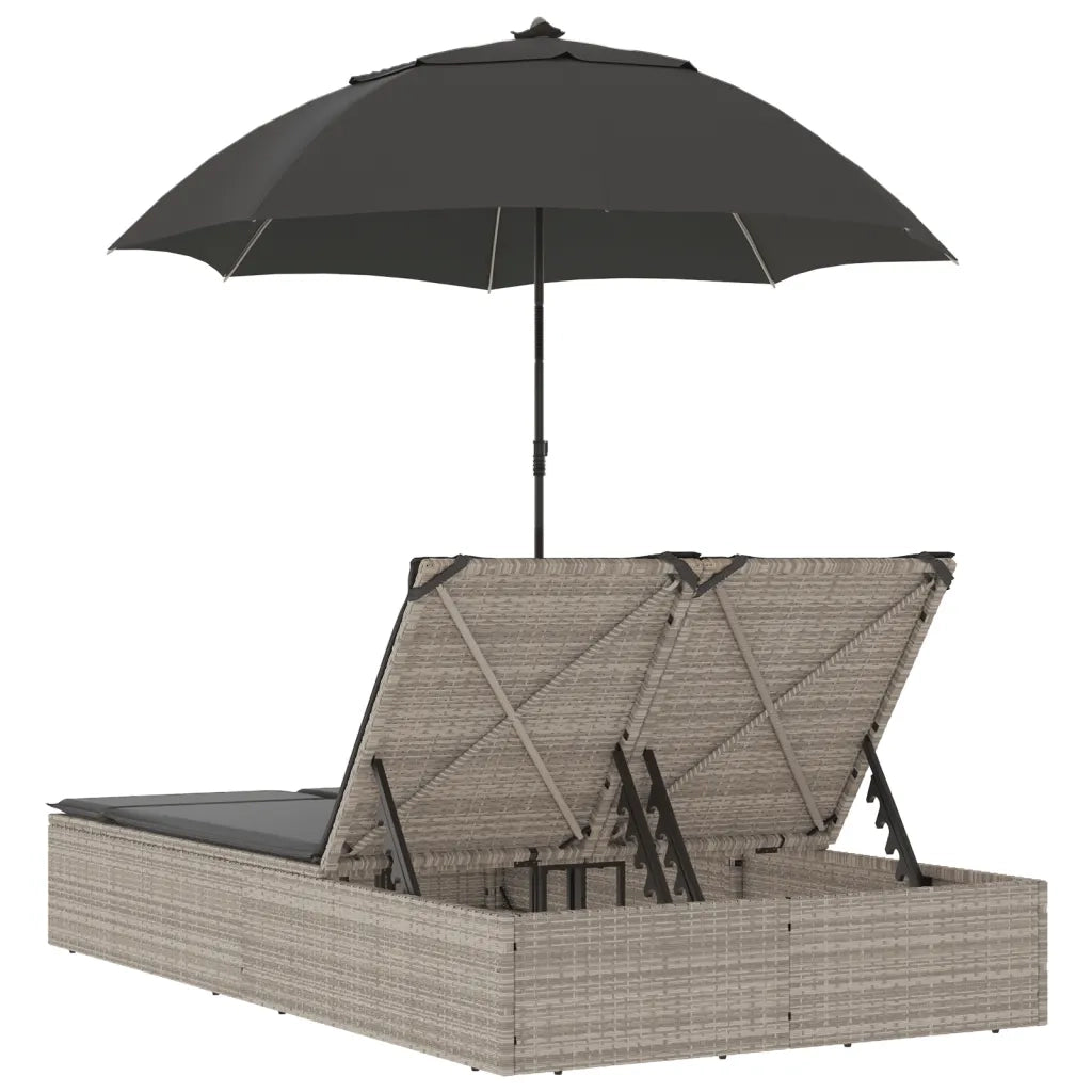 Lettino Prendisole | Sdraio da giardino | Lettino da sole Cuscini e Parasole Grigio Chiaro Polyrattan
