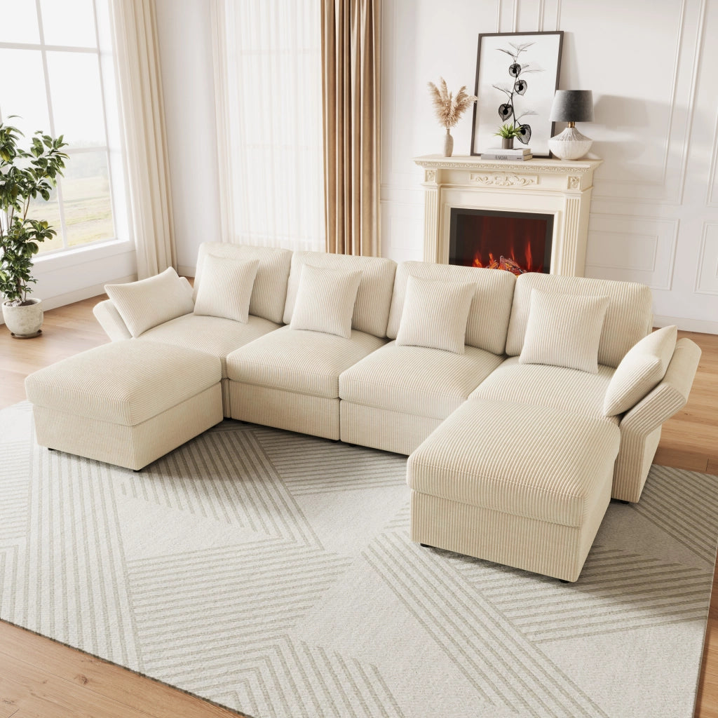 Divano modulare ULEVR 290x159,5 cm con 2 pouf mobili, braccioli regolabili e 6 cuscini, in velluto a coste beige