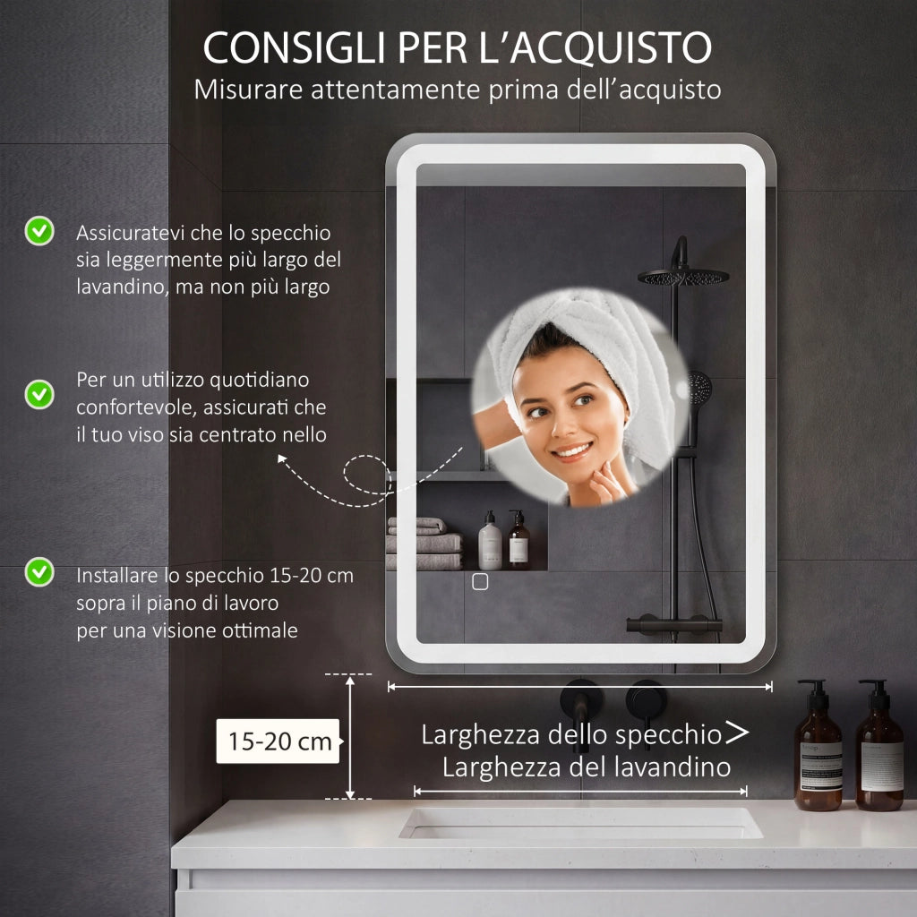 Specchio Bagno con Interruttore Touch, Luce LED a 3 Temperature e Antiappannamento, 70x50cm