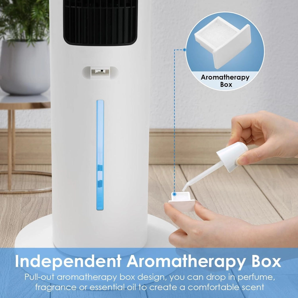 Ventilatore a torre con diffusore di aromi, telecomando a 3 livelli, con raffreddamento ad acqua, oscillazione 50°, timer 12 ore e modalità sleep per ufficio/casa, ventilatore silenzioso da