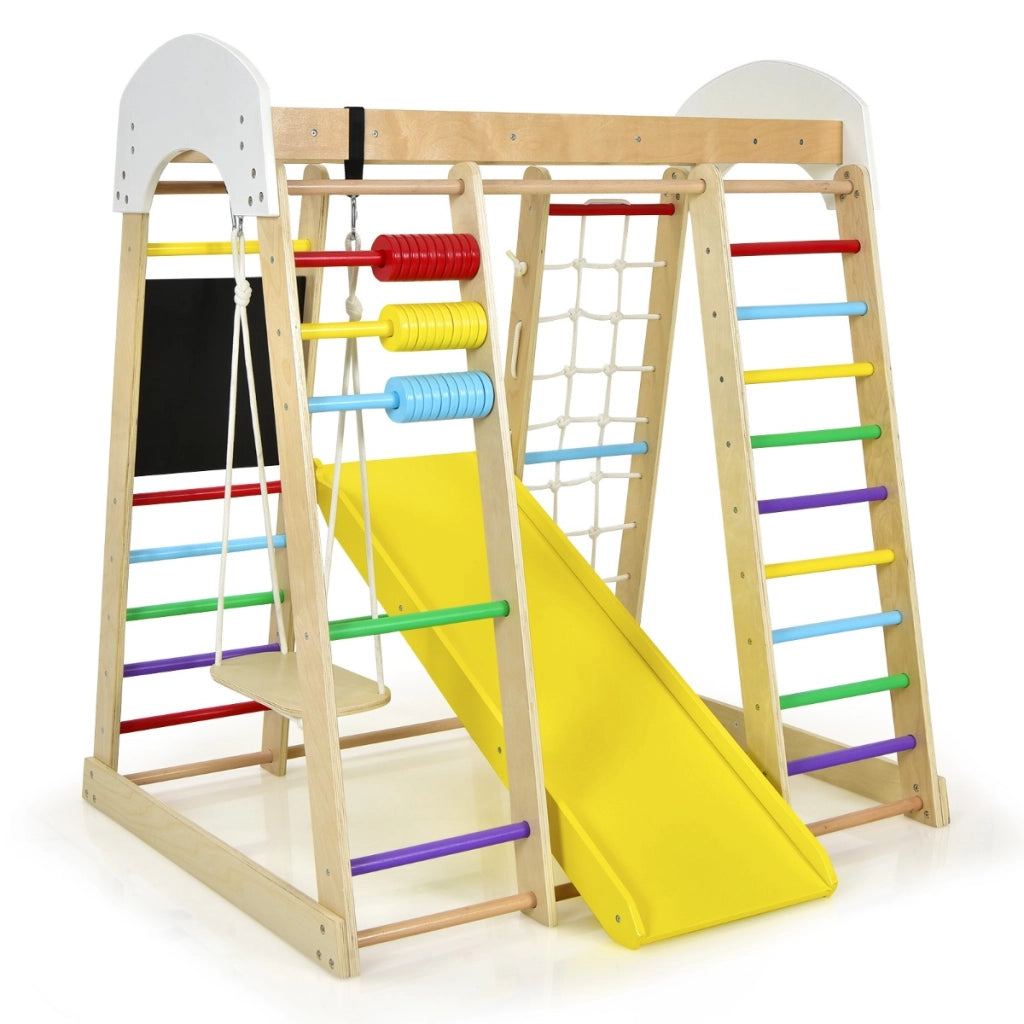 Set arrampicata 8 in 1 per bambini con abaco e altalena-Set arrampicata di legno con scivolo e scala Colorato-Arrampicate e scivoli
