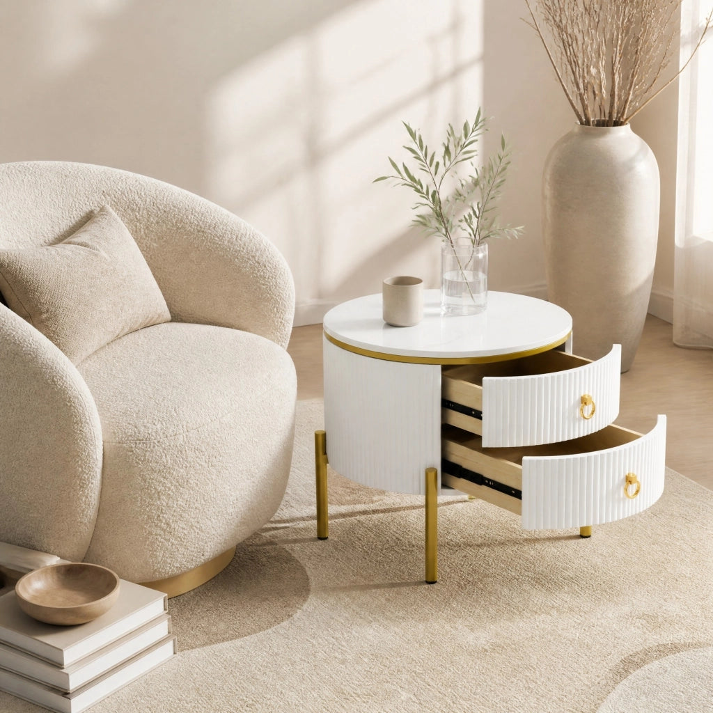 TAVOLINO da salotto 50x51 cm bianco e oro in MDF con 2 cassetti