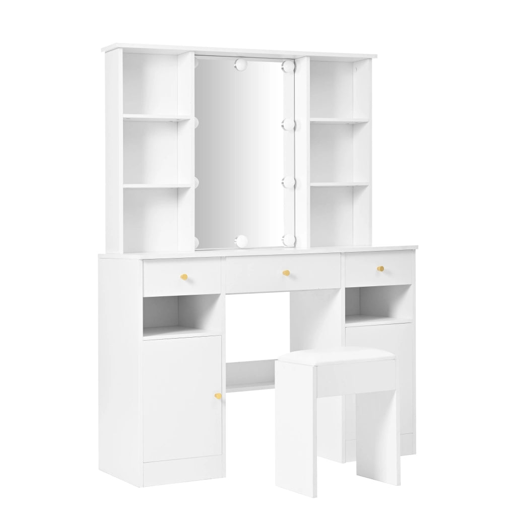 Tavolo da trucco con specchio e LED regolabili, 3 cassetti, 2 ante e 4 ripiani aperti, bianco, 110 x 40 x 151 cm