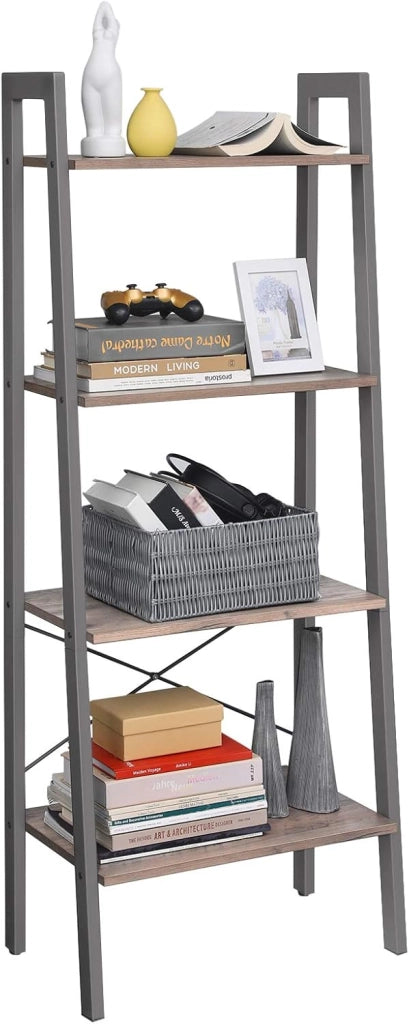 Libreria, Scaffale a Scala con 4 Ripiani, Mobile Autoportante, Struttura in Ferro, per Soggiorno Camera da Letto Cucina Balcone, Facile da Montare, Industriale, Greige e Grigio LLS44MG