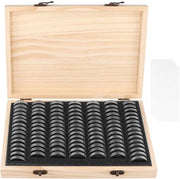 Cassa per Monete in Legno - 100 Capsule Moneta in Vetro Sferico - Contenitore per Monete con Chiusura - Protezione contro la Polvere e le Scalfature - Cassa per Monete con Chiusura