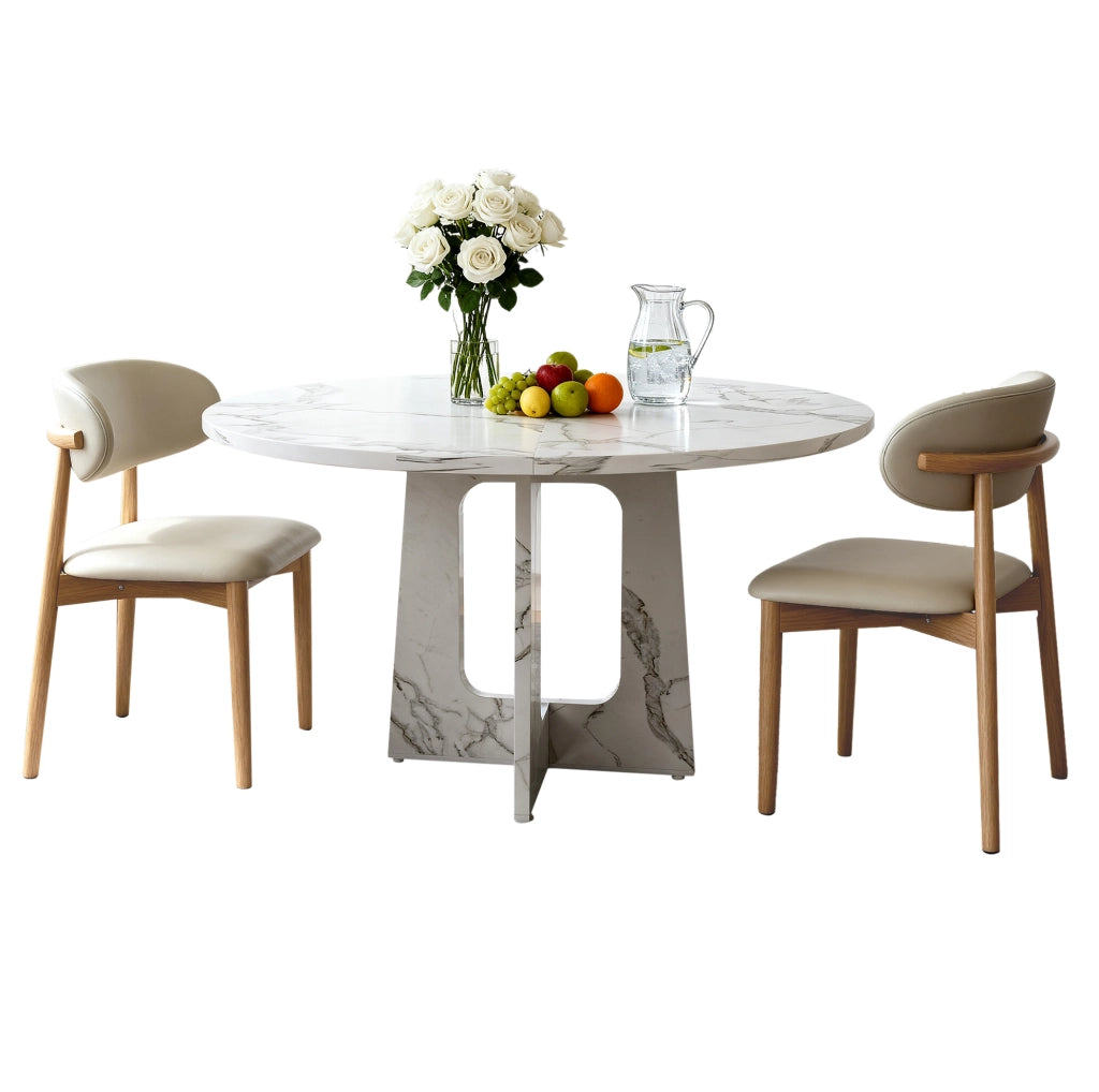 Set tavolo rotondo da pranzo 120 cm in MDF effetto marmo bianco con 2 sedie