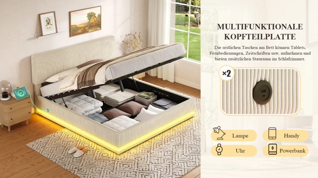 Letto moderno imbottito con LED e USB-C - Zephmum - Testiera regolabile in tessuto cord - 160x200 - Beige