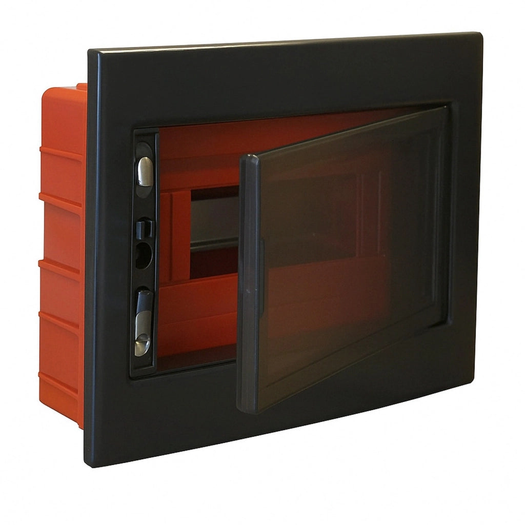 Centralino da incasso 12 moduli con portello fumé e telaio estraibile, nero, 330x255x80 mm, ideale per installazioni elettriche moderne e professionali