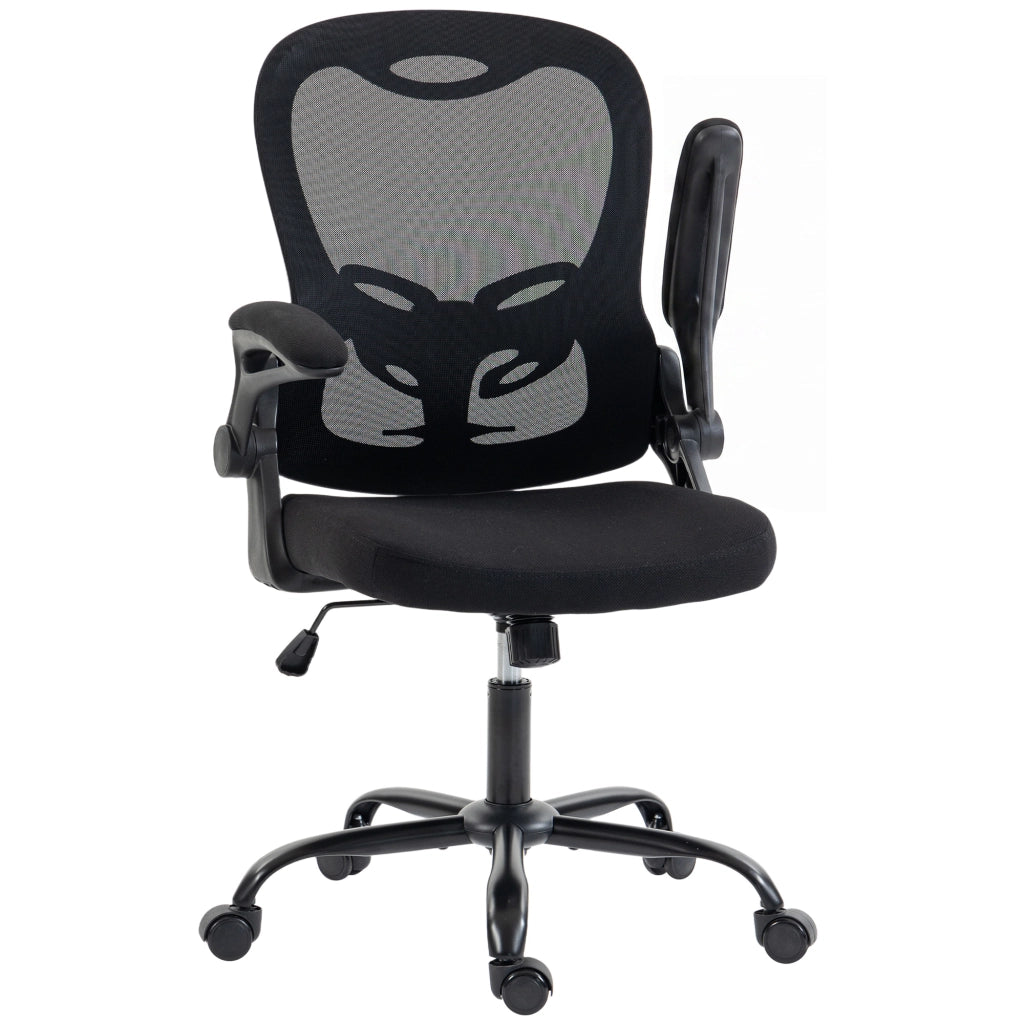 Sedia da ufficio ergonomica in rete con braccioli ribaltabili, altezza regolabile 46,5-56,5 cm e bascula, nera