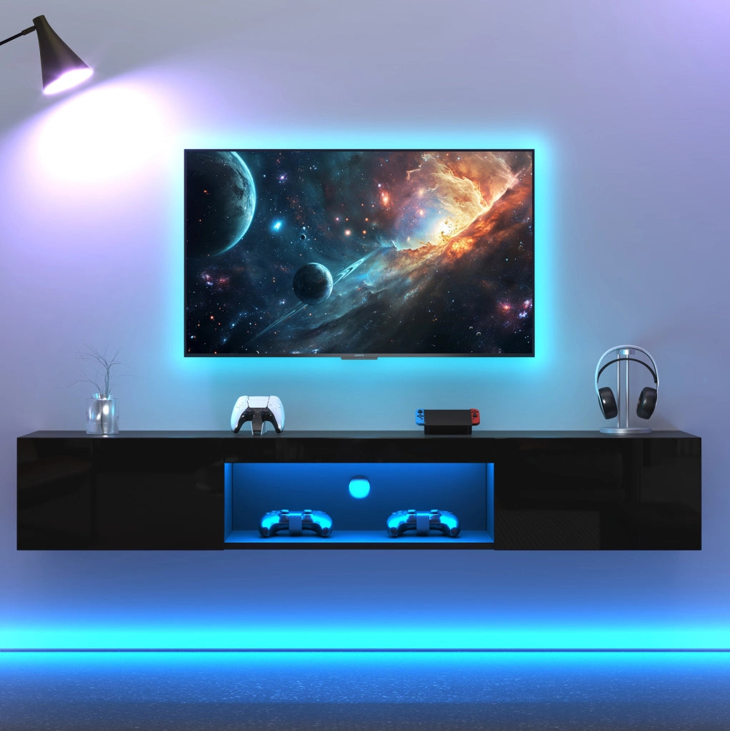 Mobile TV sospeso 160x31x22 cm con illuminazione LED e frontale lucido in legno nero