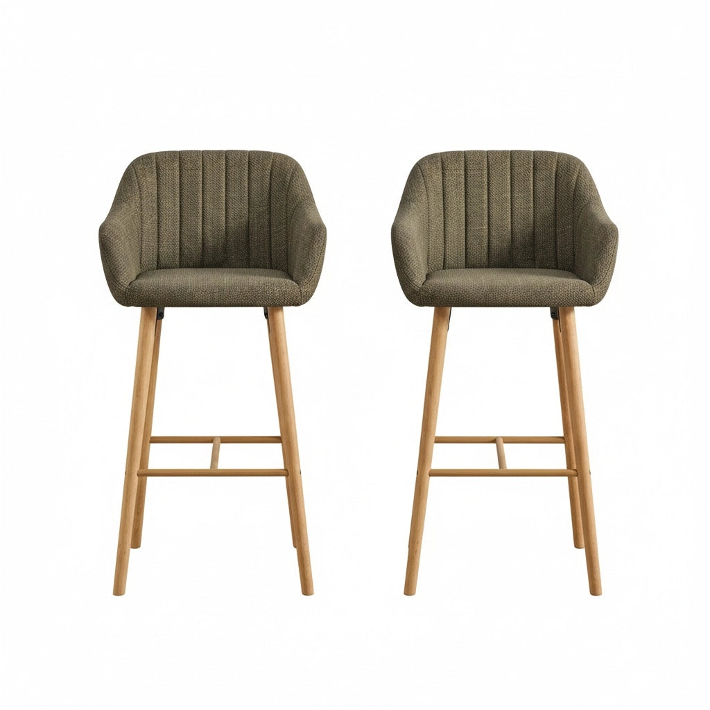 Sgabelli da bar moderni - Xylo - Schienale alto, braccioli, rivestimento in lino, gambe in legno