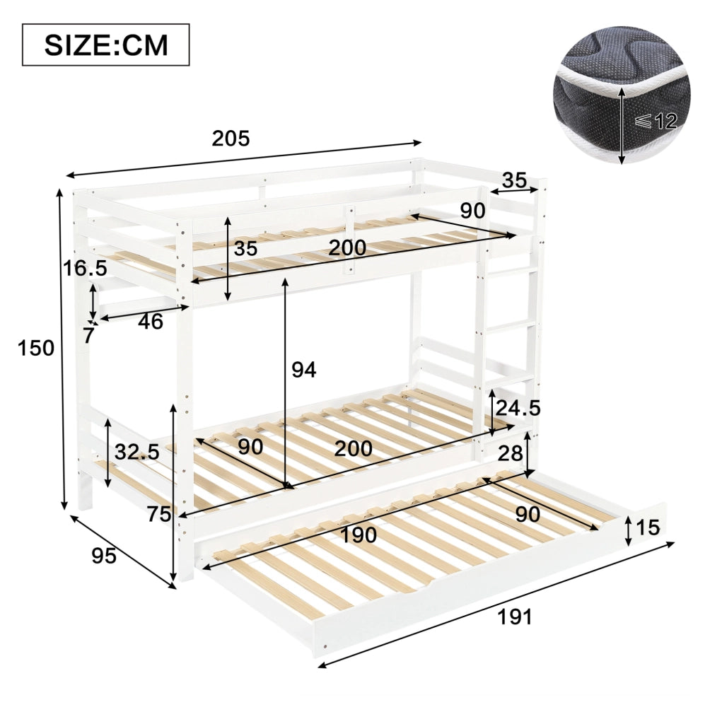 Letto a castello per bambini con letto estraibile; mensola da 2 m e scala; bianco 90x200 cm