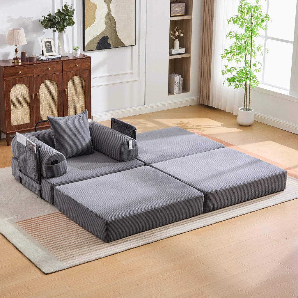 Poltrona con pouf compressa ergonomica con tasca e cuscino in velluto a coste grigio scuro 112 × 190 × 67 cm