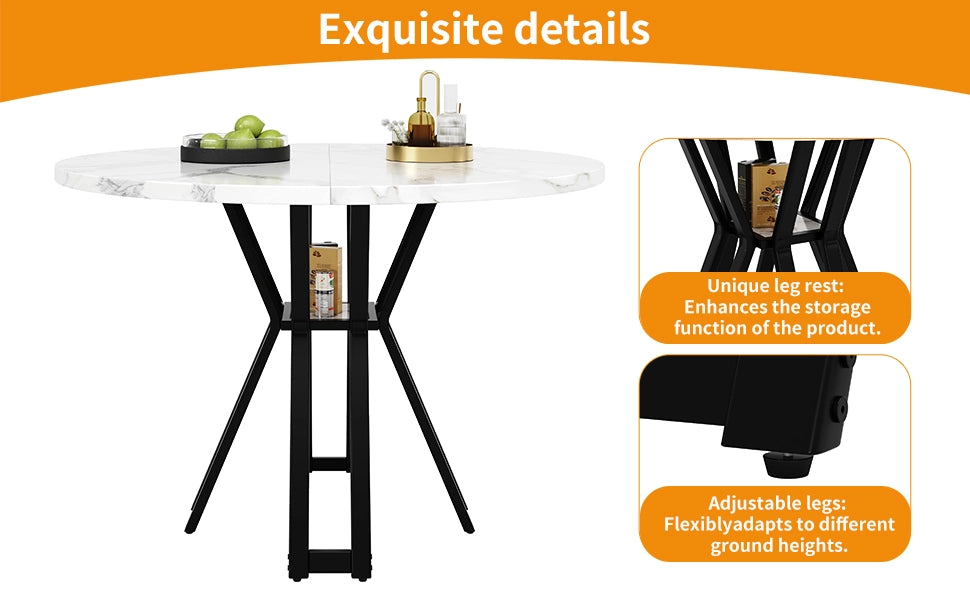 Tavolo da Pranzo Rotondo ¨C MINIMAL ¨C Piano Effetto Marmo MDF, Gambe Nere, 100x100x76 cm