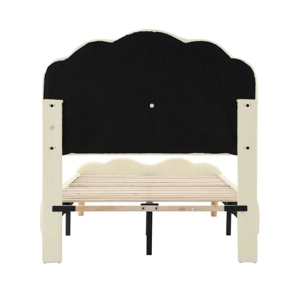 DESMIU Letto singolo 90 × 200 cm con LED multicolore, testiera ondulata e senza materasso, in PU beige