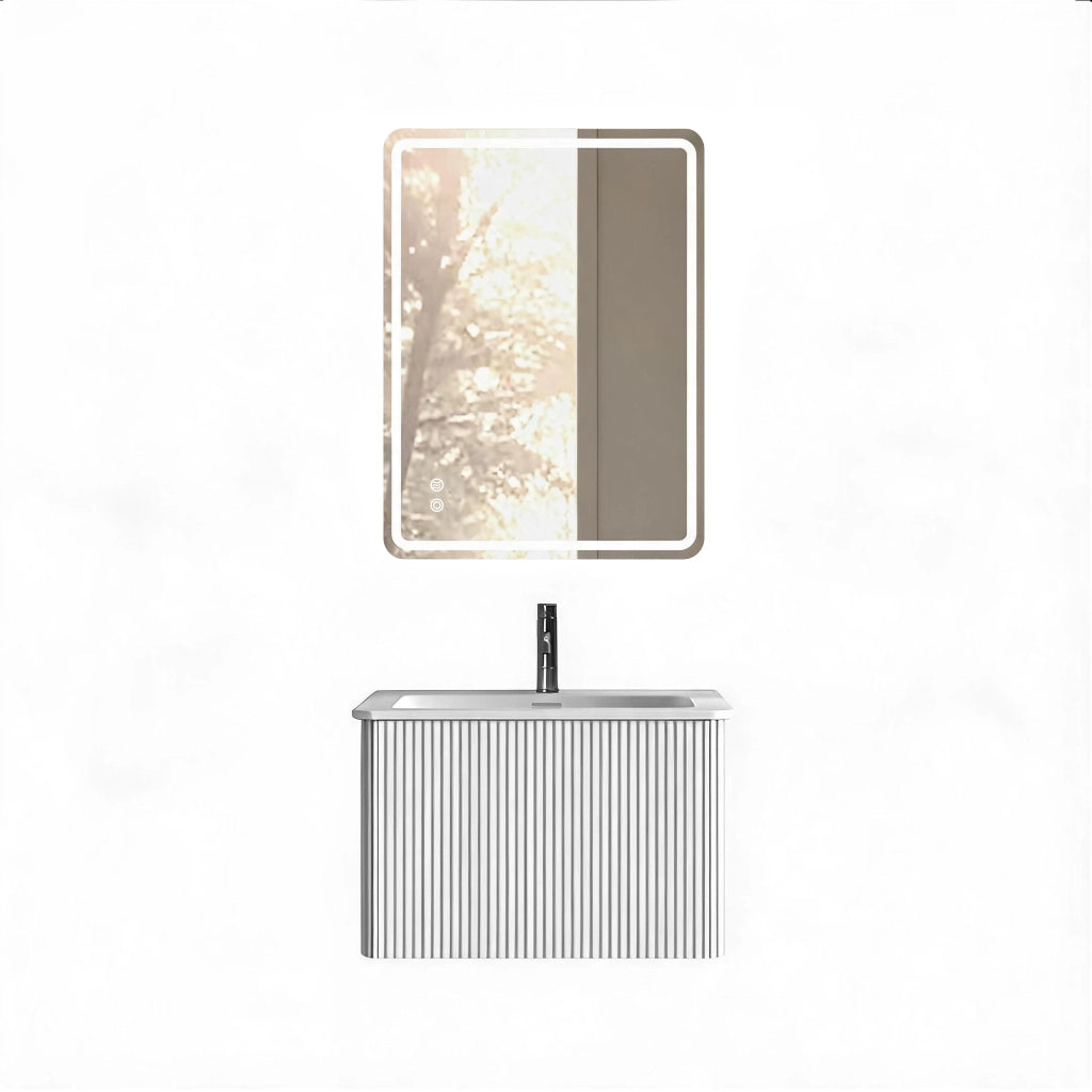 Mobile bagno con specchio con 1 cassetto; lavabo integrato e specchio LED antiappannamento per bagno; bianco