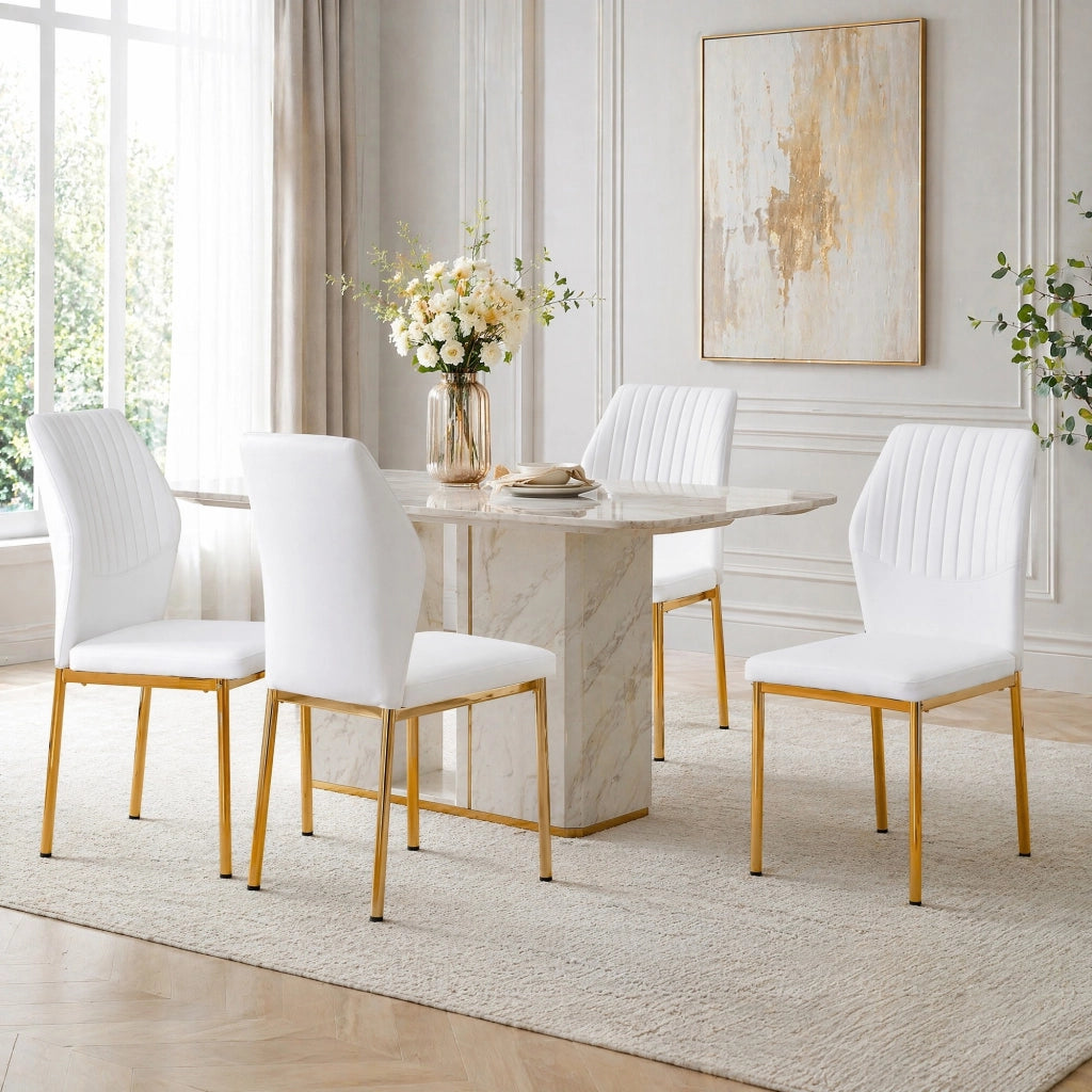 Set 4 sedie da pranzo moderne in PU bianco con gambe in metallo oro; H 93 cm